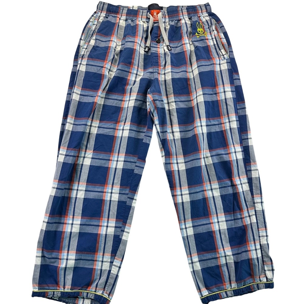 Psycho Bunny Mens Blue Orange Plaid Cotton Lounge Pajama Pants Size Medium